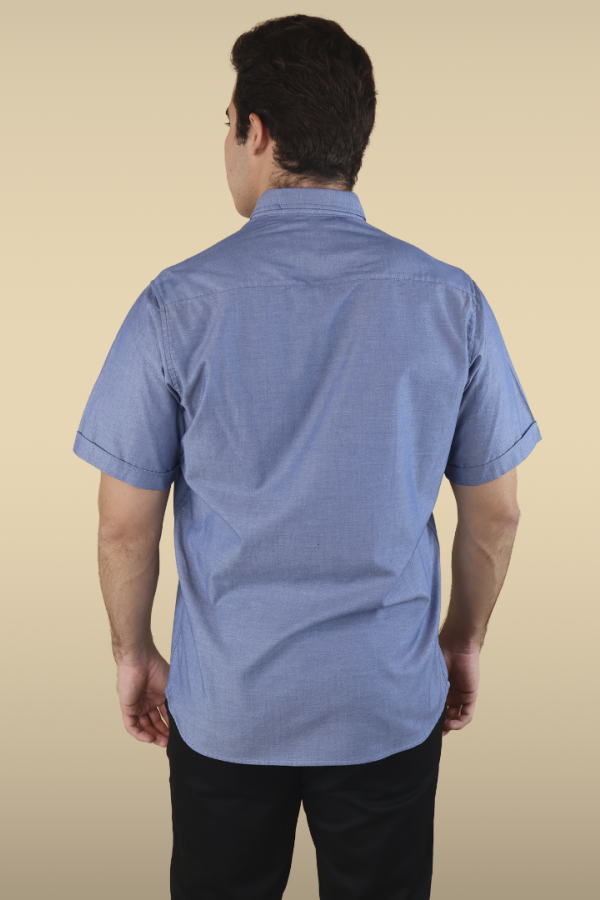 Camisa Manga Corta Azul Jaspe Slim Fit Con Bolsa Semi Oculta Para Hombre